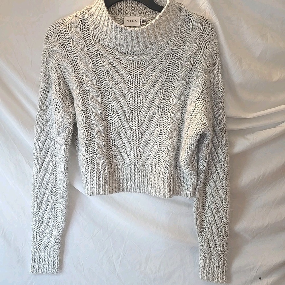 Vila Viapoline‎ High Neck Cable-knit Pullover Sweater Oatmeal Color Cropped Sz S
